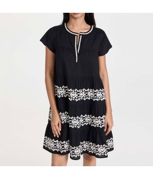 Clothing Manufacturers Custom Spring Summer Autumn Short Sleeve Pleated Embroidered Printing V Neck Casual Dresses