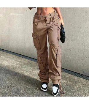 Fall Streetwear Cargo Pants Women Casual Pockets Design High Waist Women's Pants & Trousers