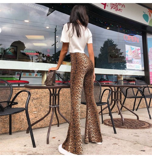 Women Popular Autumn New Elastic High Waist Leopard Print Flare Pants Female Fashion Streetwear Sexy Bodycon Trousers Wholesale