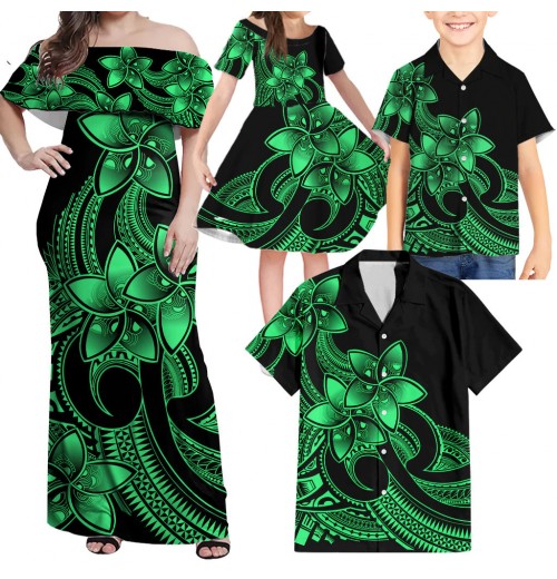 Wholesale Fashion Polynesian Tribal Matching Set For Couple Samoan Family Outfits Women'S Dress And Men'S Shirts Couple Set