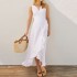 Wholesale fashion women's clothing manufacturers 100% linen white sleeveless belt with ruffled hem Women's wrap dress