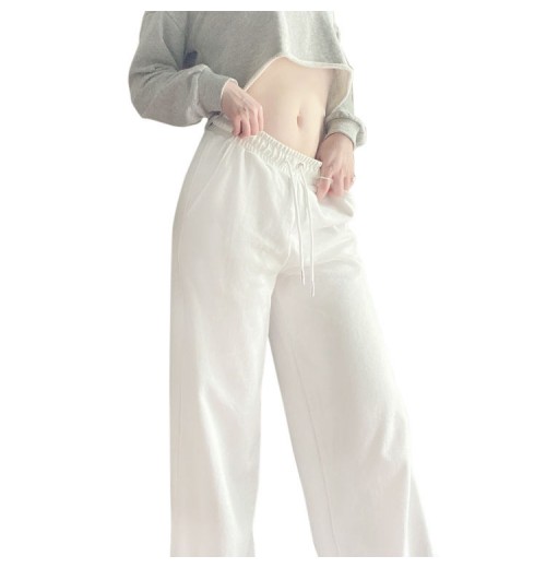 Ladies Floor Length Trousers Women Loose Wide Leg Drawstring Long Pants with Side Pockets Casual Wear