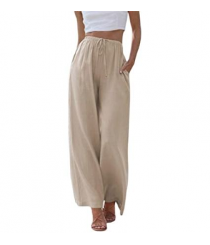 Women's Cotton Linen Summer Palazzo Pants Flowy Wide Leg Beach Trousers with Pockets