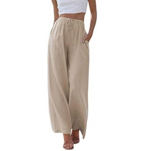 Women's Cotton Linen Summer Palazzo Pants Flowy Wide Leg Beach Trousers with Pockets