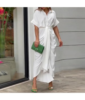 Fashion Summer Dress Women Lapel Mid Length Short Sleeve Single Breasted Solid Color High Waist Elegant Shirt Dresses