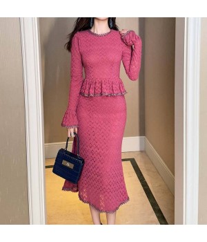 ZYHT 91365 Autumn Clothing Bodycon Formal Lace Ruffle Sleeve Hot Pink Long Dress Winter Clothes Women