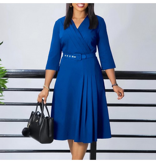 High Quality women's clothing ladies elegant temperament dresses half sleeve pleated solid color plus size casual office dress