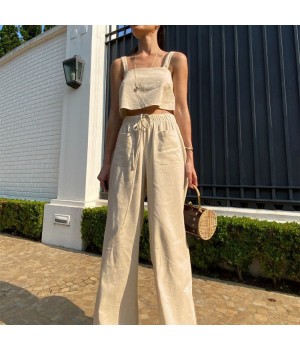 Enyami Fast Shipping Casual Clothes Women Outfits Khaki Cotton Linen Crop Top Wide Legs Trouser Women 2 Pieces Pants Sets