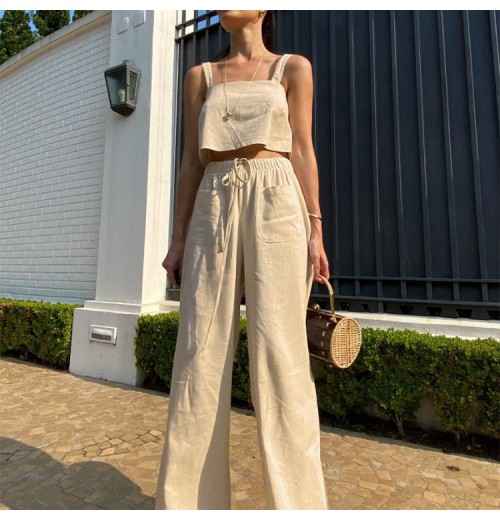 Enyami Fast Shipping Casual Clothes Women Outfits Khaki Cotton Linen Crop Top Wide Legs Trouser Women 2 Pieces Pants Sets