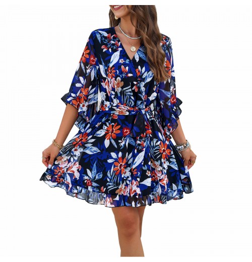 Custom Elegant Women Floral Chiffon Ruffle Boho Long Dress For Ladies